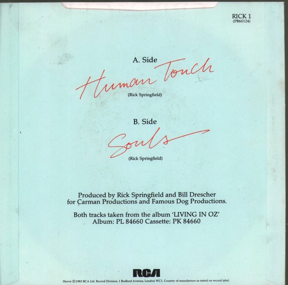 Rick Springfield Human Touch 7" vinyl UK Rca 1983 paper label design 7" in pic - Image 2 of 3