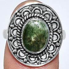 Natural Green Moss Agate - India 925 Sterling Silver Ring s.8 Jewelry R-1256