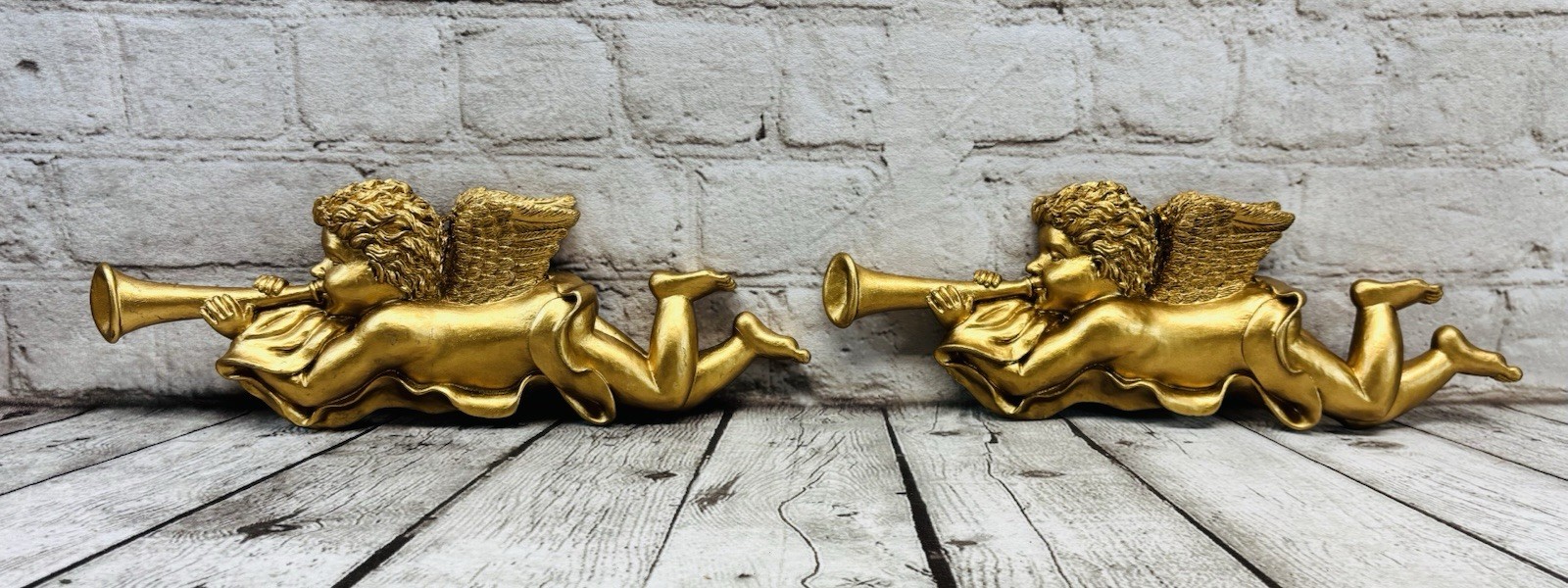 Vintage Hollywood Regency Gold Cherub Angels Ornaments Pair 12” Mid Century