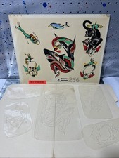 Vintage 1970's Ted Nelson Tattoo Flash Art Sheet And Acetate Stencils 256