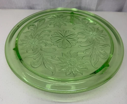 Vintage 1930's Jeannette Sunflower Green Depression Glass Cake Stand