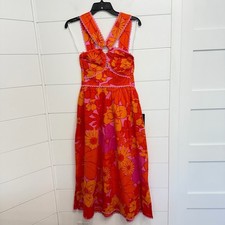 New J.Marie Orange Floral Ric Rac Trim Midi Dress Size XS nwt 36038