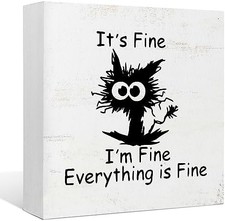 Funny Office Desk Decor Black Cat 'It's Fine' Wood Box Sign