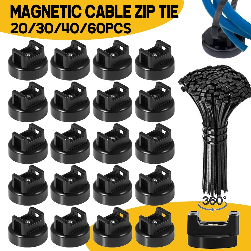 Magnetic Cable Zip Tie Clips Mounting Base Tidy Wire Cord Lead Organiser Holder