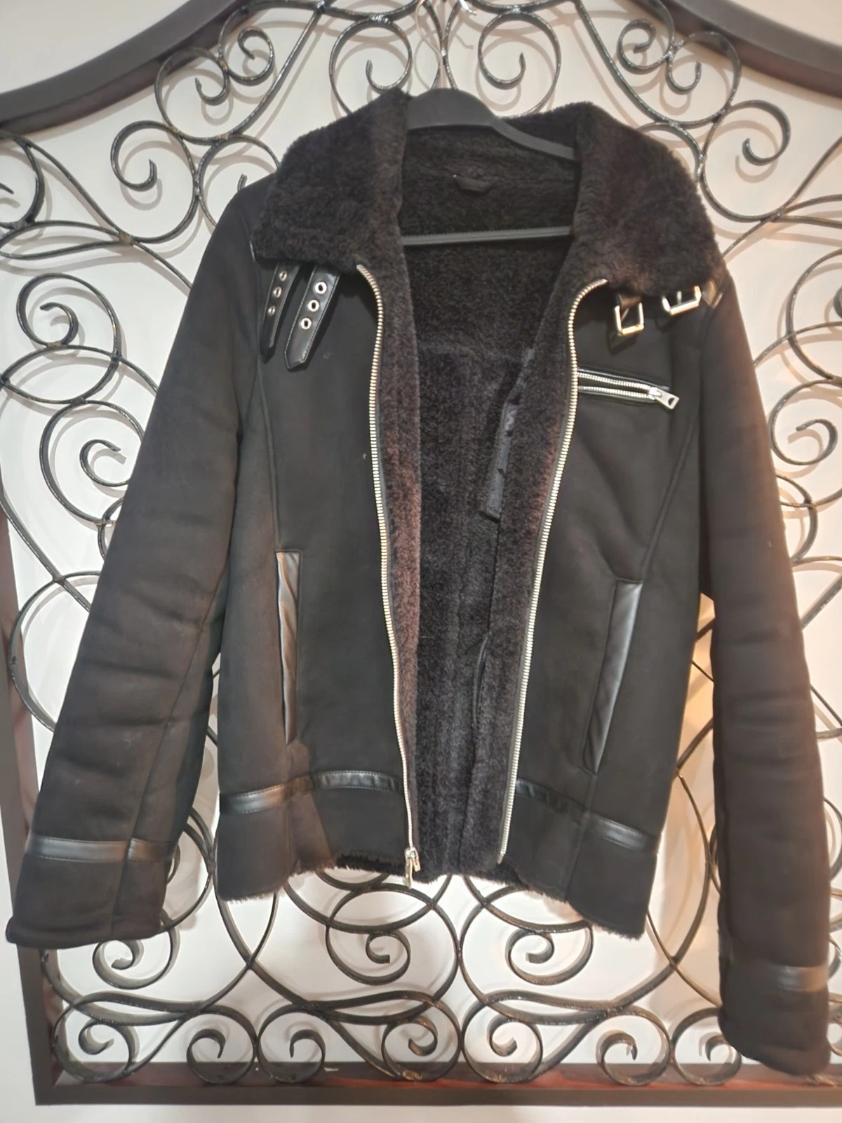 GUESS Men's Faux Suede Aviator Jacket, Black, Sz M, Y2k, Warm, Winter