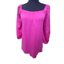 Sanctuary Eyelet 3/4 Puff Sleeve Top Size XL Fuchsia Tunic Style XT2450K6 Casual