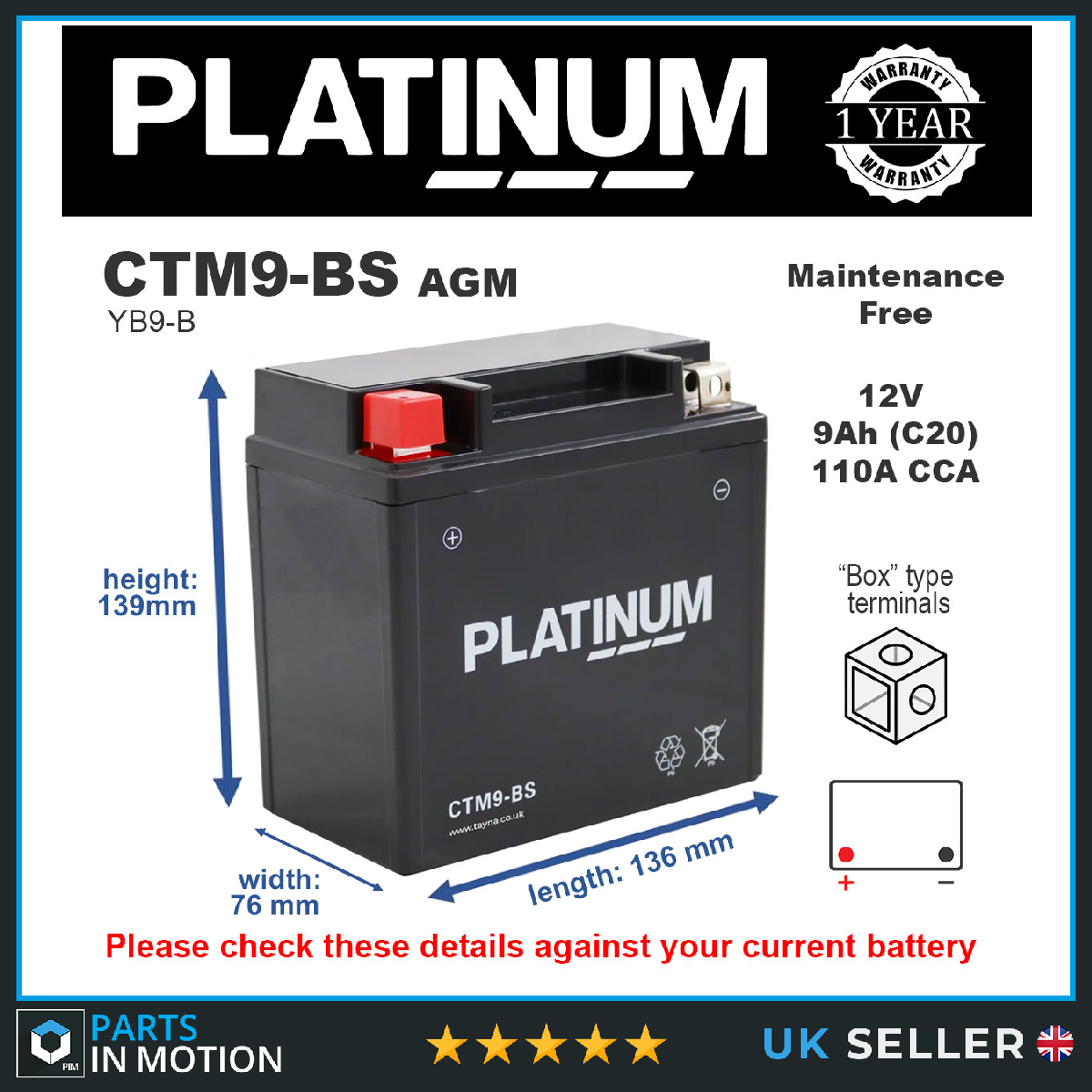 CTM9-BS PLATINUM AGM Motorcycle Battery Replaces YB9-B