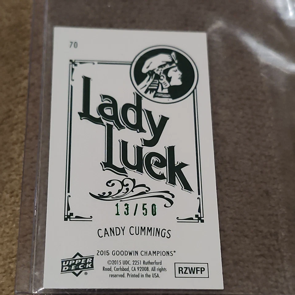 2015 Upper Deck Goodwin Champions Candy Cummings Mini Cloth Lady Luck #/50 - Image 2 of 2