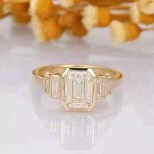 3.00Ct Emerald Cut Moissanite Three Stone Engagement Ring 14k Yellow Gold Plated