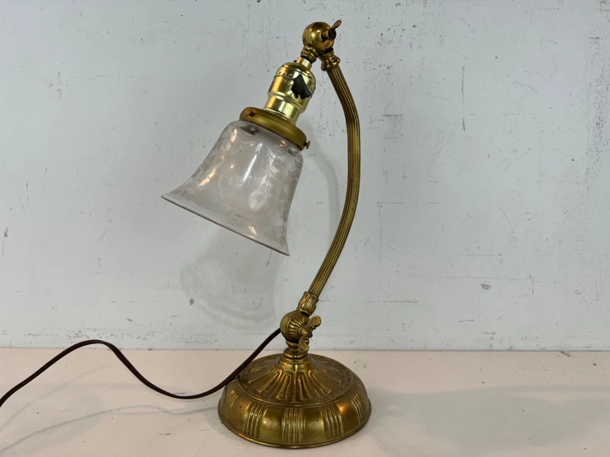 Vintage Brass Table Desk Lamp with Flared Etched Glass Shade eBay