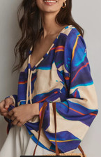 New Farm Rio x Anthropologie Sm Blue Purple Botanical Linen Rope-Tie V-Neck Top