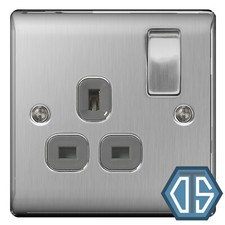 BG Nexus NBS21G Brushed Steel Satin Chrome Single Socket 1 Gang 13 Amp Grey