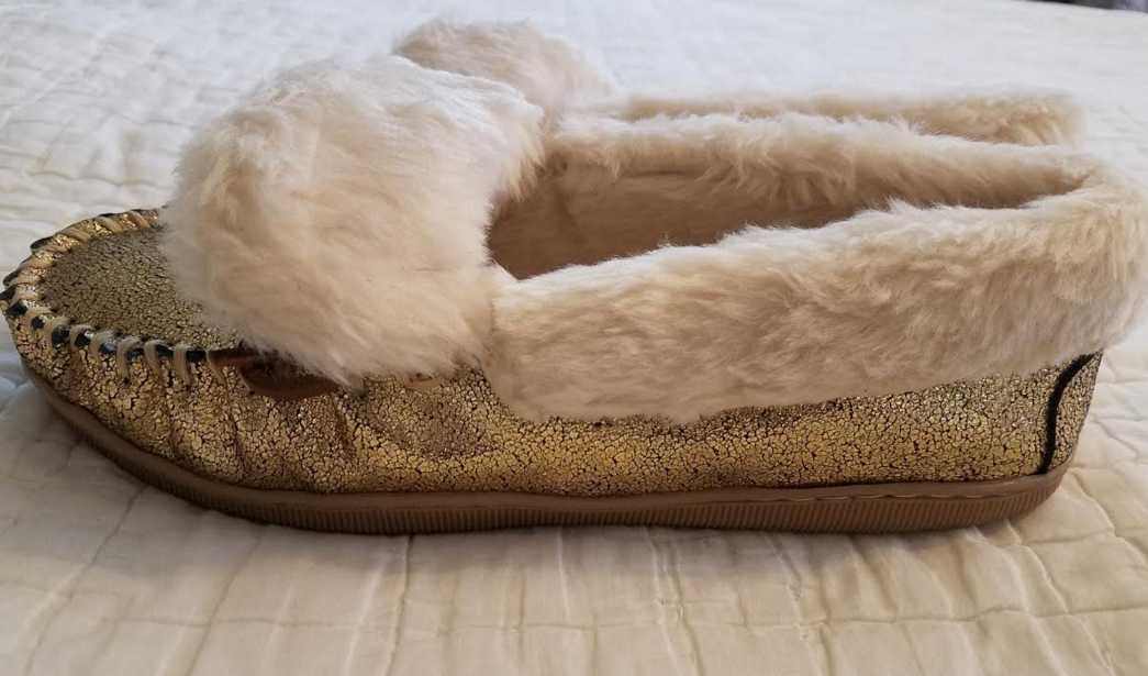 PANTOFOLA D’ORO NUOVE PANTOFOLE MOCASSINI LODGE 6 7 8 J CREW ORO CREPATO SCAMOSCIATO METALLIZZATO