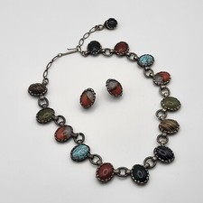 Miracle Scottish Celtic Vintage Necklace And Clip On Earring Set Faux Agate