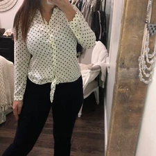 Talbots small petite cream polka dot tie front top