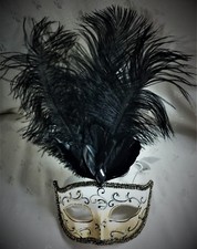 NWT Gold White Glitter Eye Mask, Blk Ostrich Feathers, Mardi Gras, Masquerade