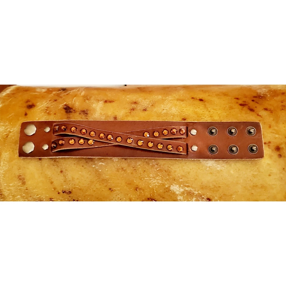 Rust Brown Boho Leather Distressed Cuff Braclet with Topaz Swarovski Crystals. - Image 3 of 4