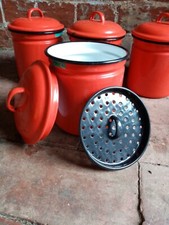 ENAMEL STORAGE TINS WITH INNER LID X 4. RED. VINTAGE KITCHENALIA