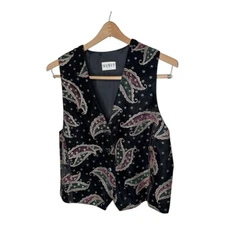 Vintage MixIt Black Velvet Paisley Vest Gold Accents Juniors Size 13/14 Large