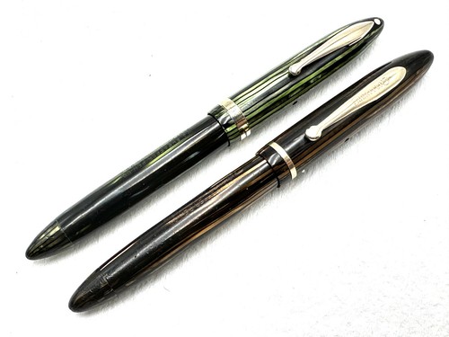 2 1930s SHEAFFER BALANCE MARINE GREEN GOLDEN BROWN VAC FILL FOUNTAIN PENS 14K
