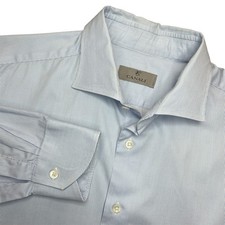 Canali Dress Shirt Mens 43-17 Blue White Striped Woven Cotton Made In Italy