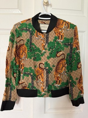 Gucci Brown GG Tiger Print Bomber Jacket with Green Foliage