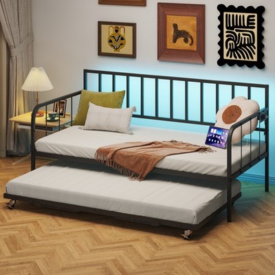 Twin Daybed W Trundle Metal Trundle Bed, Sofa Bed Frame W Heavy Duty