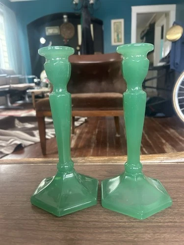 Vintage Rare Fenton Jadeite Candlesticks Set Of 2 1920s - 1930s 9” Height