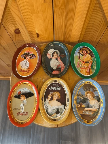 Vintage Victorian Collectible Coca Cola Mini Tin Oval Trays Made in Hong Kong 6"