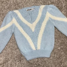 Vintage Bilboa V-Neck Sweater Angora Blend Women Size Medium Blue White