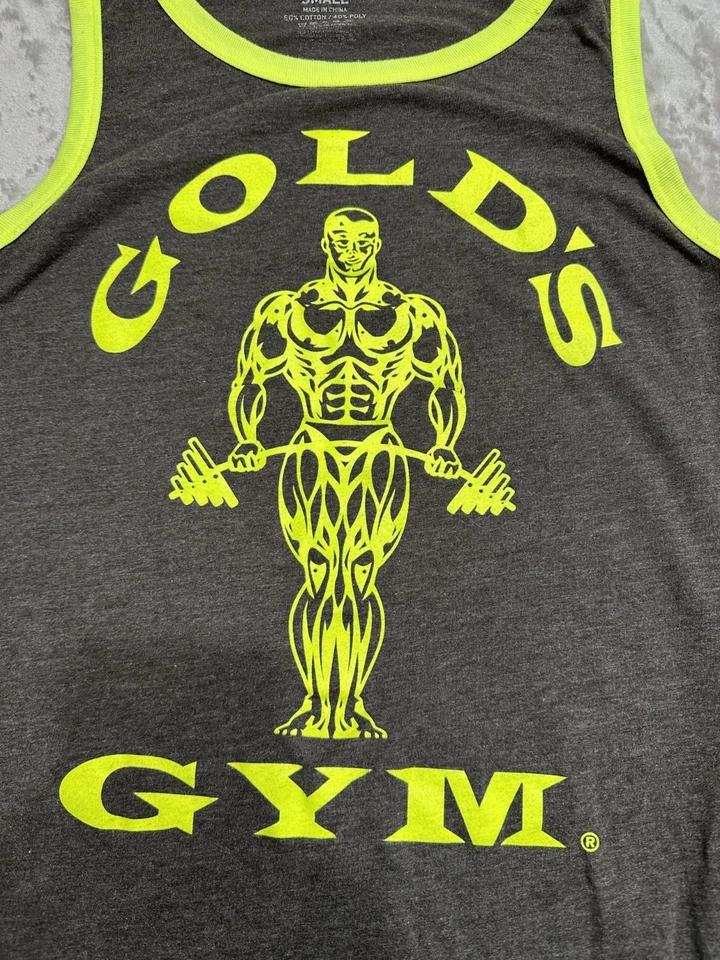 Camiseta sin mangas Gold's Gym para hombre talla pequeña gris y verde neón sin mangas elástica usada en excelente estado Foto 2 de 4