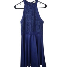 Francesca's Womens Royal Blue Lace Halter Cocktail Dress High Neck Fit & Flare M