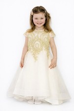 Girls Ivory Gold Fit  Flare Tulle Dress Long Formal Short Sleeve Floral Lace