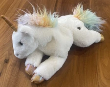 FAO SCHWARZ UNICORN Stuffed Plush White Rainbow Sparkly Tail Lying Down 15" EUC✨