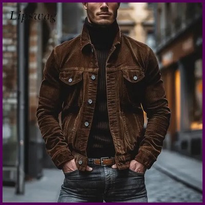 Streetwear Vintage Corduroy Jackets Mens Solid Color Button-up Turn-down Collar