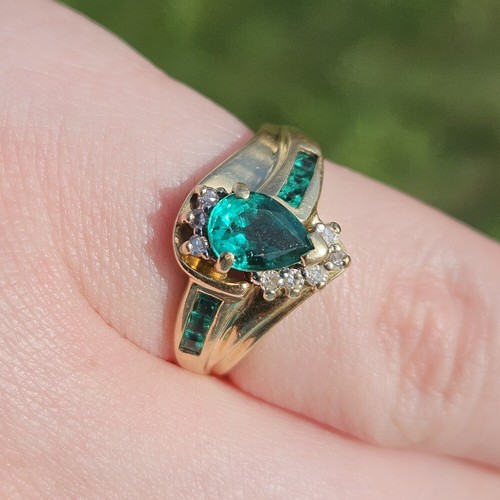 10K Yellow Gold Diamond Lab Created Emerald Bypass Cocktail Ring Size 5.5 - Picture 9 of 18