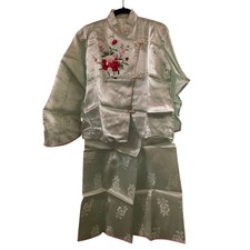 Vintage 1950s Japanese Floral Embroidered Satin Pajamas Korean War Souvenir M