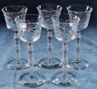 5 Libbey Rock Sharpe MYSTIC 1930s Cut Glass Cordial Glasses- 1023 Stem- Minty