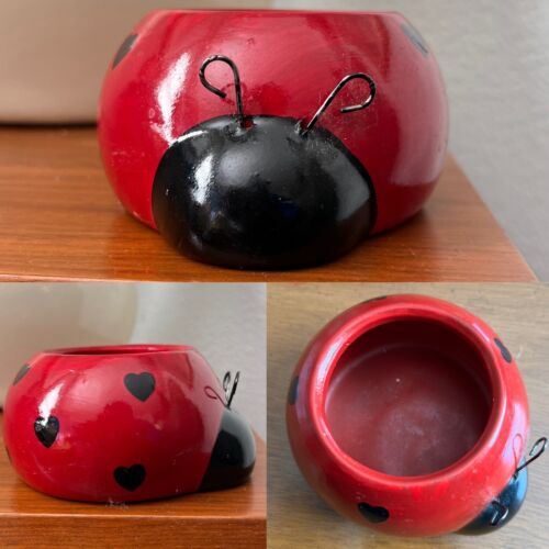 Vintage Rocket Farms Love Bug Shabby Planter Pot Bowl Red Black Hearts - Picture 1 of 10