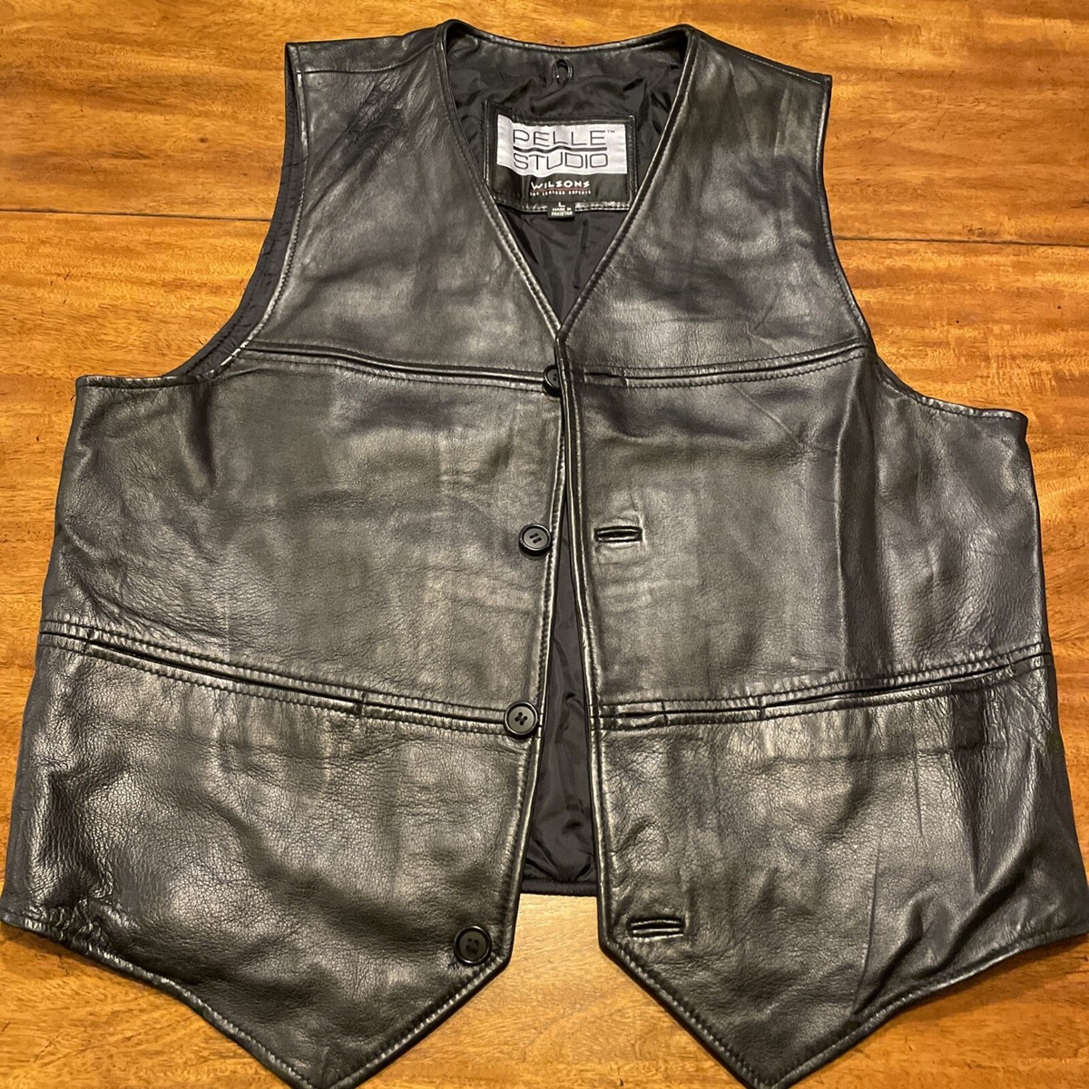 Wilsons Pelle Studio Black Leather Motorcycle Vest Mens Sz Large VTG 90s