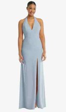Plunge Neck Halter Backless Trumpet Gown with Front Slit....TH110..Mist...Size 8