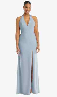 Plunge Neck Halter Backless Trumpet Gown with Front Slit....TH110..Mist...Size 8