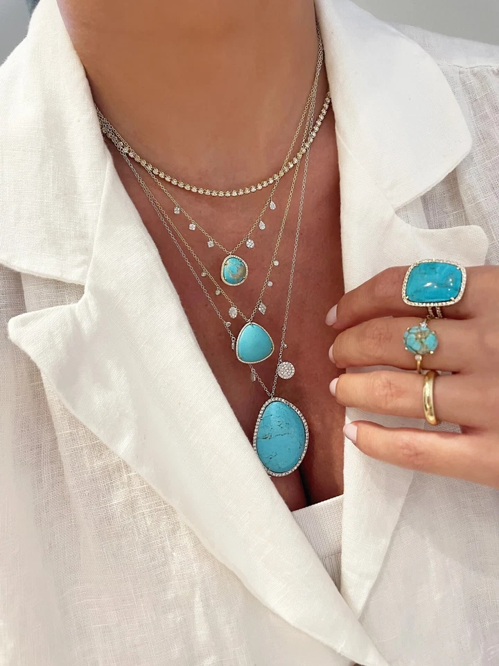 Genuine Turquoise & Diamond Charms Necklace 14k Gold Party Wear Jewelry Gifts - Image 2 of 2