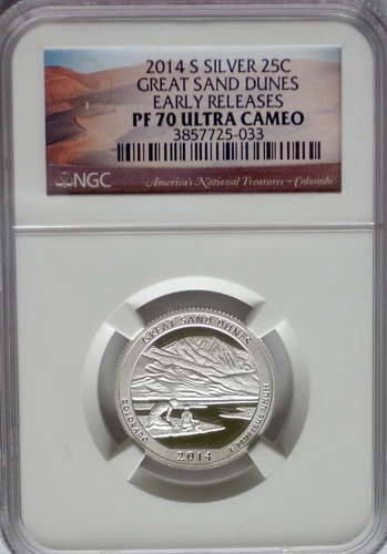 NGC PF70 2014-S Silver GREAT SAND DUNES Proof Quarter Colorado Early Releases PR