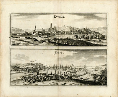 Antiker Druck-TOPOGRAPHIE-EVREUX-DIEPPE-Merian-ca. 1648