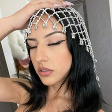 Women Head Dress Rhinestone Tassel Nets Luxury Jewel Metal Show Hair Chain 24151