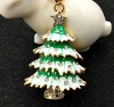 Merry Christmas TREE Frosty Rhinestone STAR Ornament Necklace Pendant  Brooch Grn