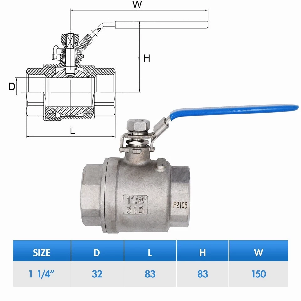 2-piece 1 1/4" Ball Valve full port ,316 Stainless Steel, 1000 WOG for oil,2Pack - Image 3 of 4
