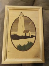Hudson River Inlay Wood Marquetry Lighthouse Rock Signed Nelson 9.75" x 12.75"