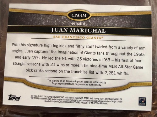 JUAN MARICHAL• /10 Silver Ink Auto• 2013 TOPPS TIER ONE Crowd Pleaser AUTOGRAPH - Picture 4 of 4